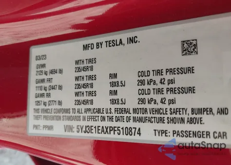 2023 Tesla Model 3 Rear-Wheel Drive z USA, uszkodzony, nr VIN 5YJ3E1EAXPF510874